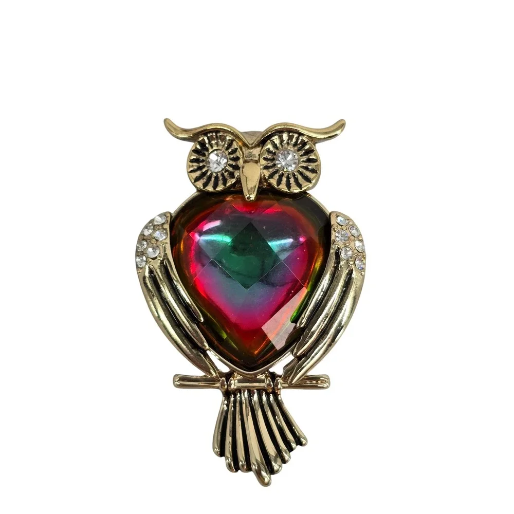 Napier Vintage Gold Tone Owl Brooch Watermelon Glass Heart Rhinestone Pin 2 Inch